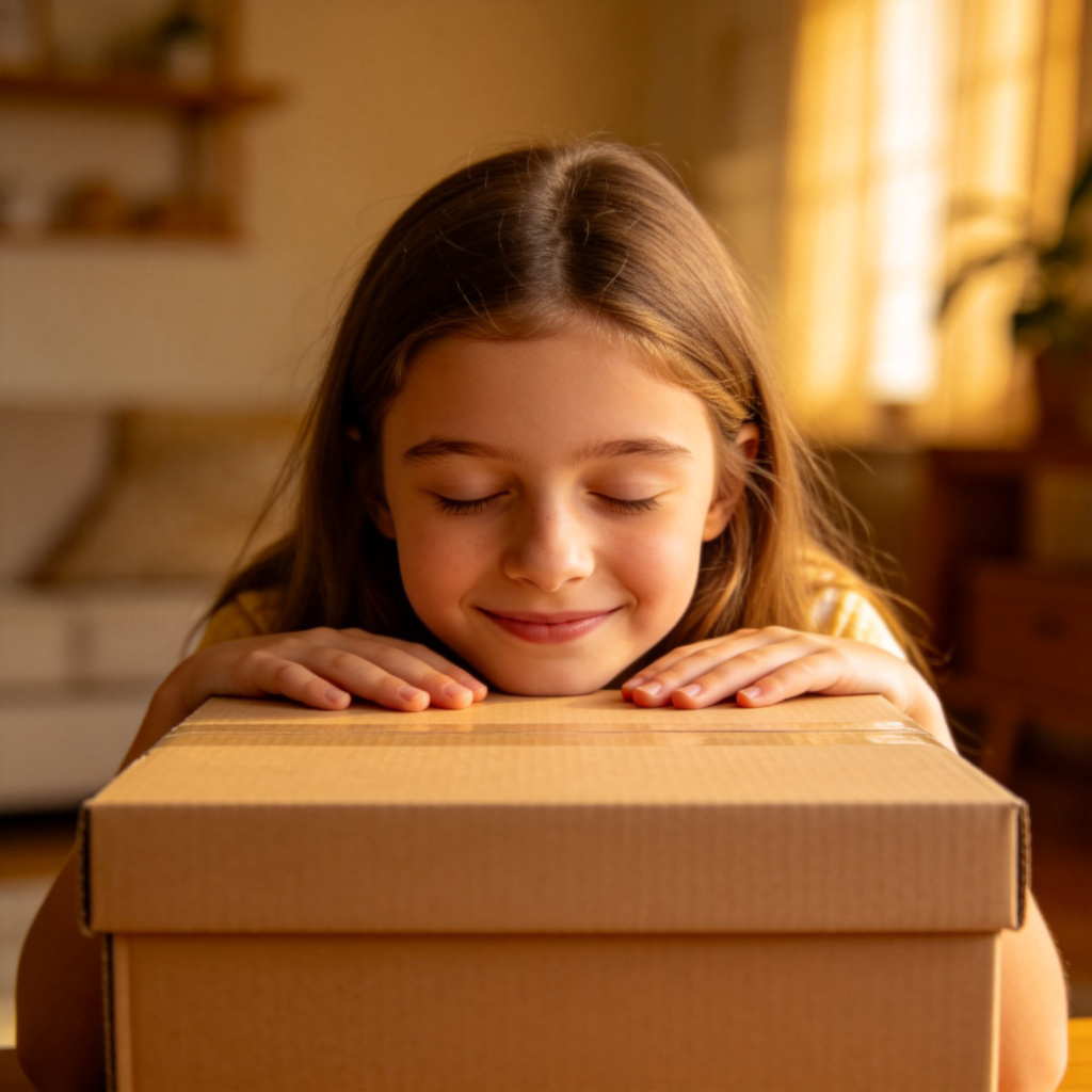 A young girl is playing a 'what's in the box' game with her eyes closed. Her hands are gently placed on top of a closed cardboard box, and her face shows a thoughtful, uncertain expression as she tries to guess the object inside. She is smiling slightly. Simple room background with warm light.