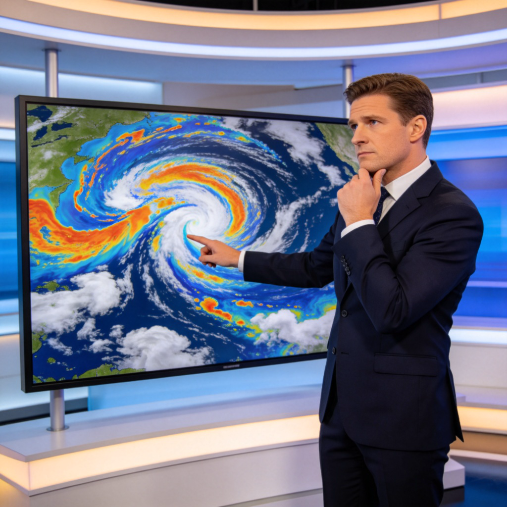 A weather forecaster points at a satellite weather map on a screen, showing cloud formations. He looks thoughtful, one hand on his chin, as if making an educated guess about tomorrow's weather. The map is colorful, and the scene is set in a modern news studio.