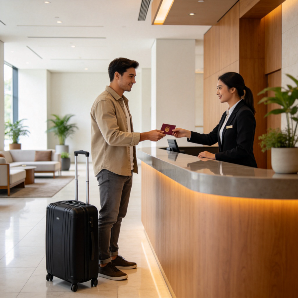 Guest 含义图解：酒店前台旅客办理入住的宾客场景
