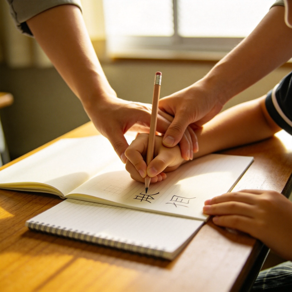 A close-up shot of a teacher's hand gently guiding a student's hand as they write characters on paper. The focus is on the supportive gesture, with a pencil and open notebook on a wooden desk. Warm, natural lighting from a window. No text in the image.
