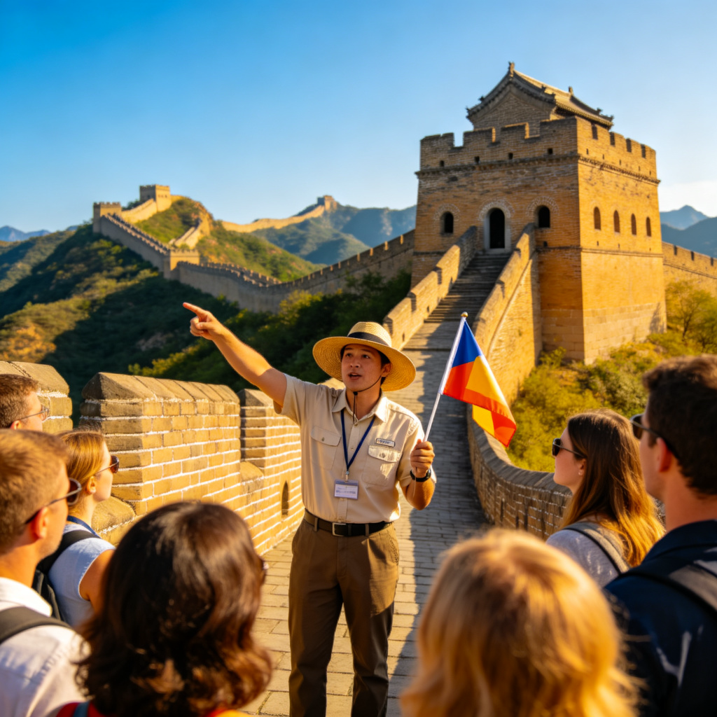 A tour guide wearing a sun hat, holding a small flag, and speaking to a group of tourists in front of a famous historical monument like the Great Wall. The guide is pointing towards the structure, and the tourists are listening attentively. Sunny day, clear blue sky.