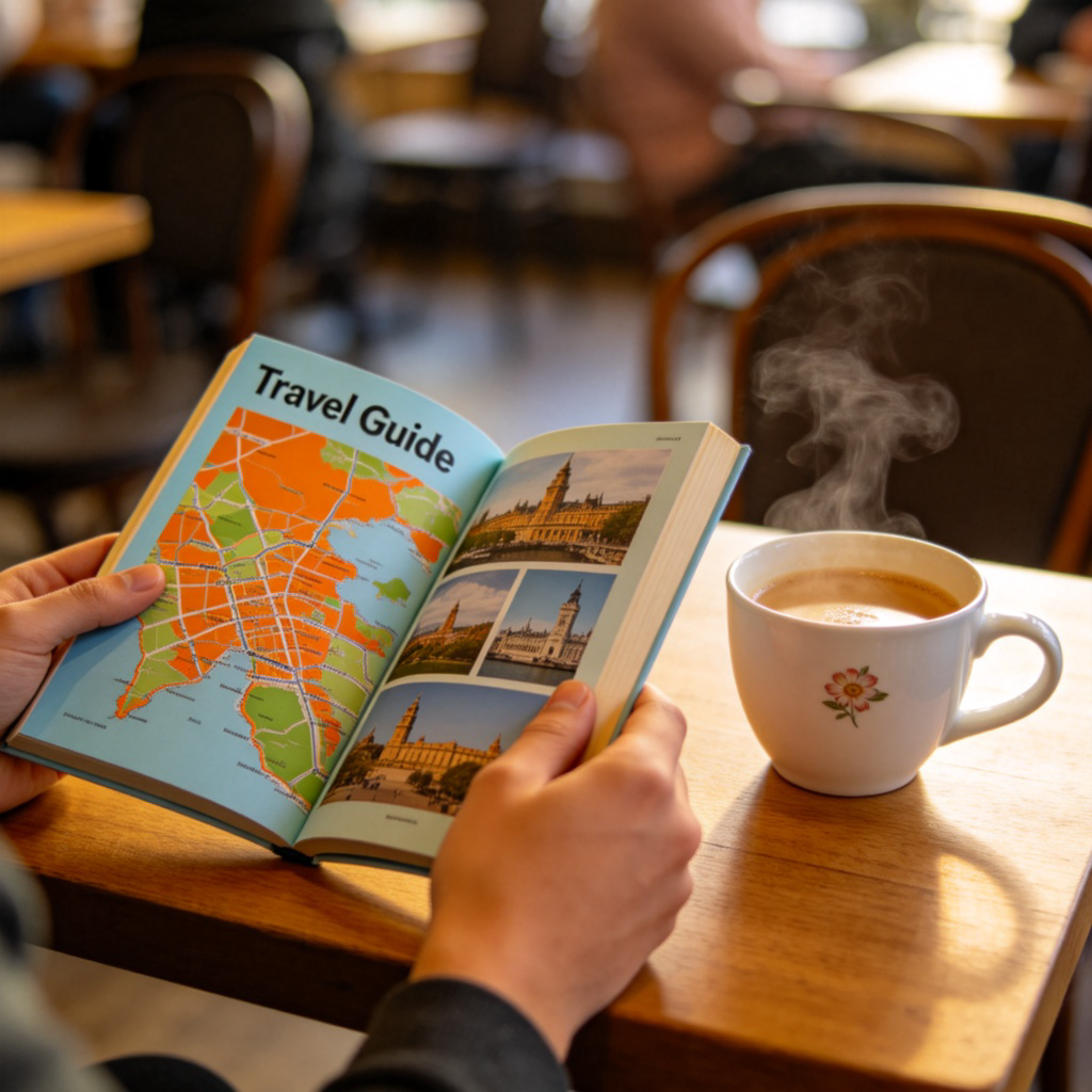A person's hands holding an open paperback book titled 'Travel Guide' on a cafe table. The page shows a colorful map and pictures of landmarks. Next to the book is a cup of coffee. Focus is on the book, with a soft, blurred background of the cafe.
