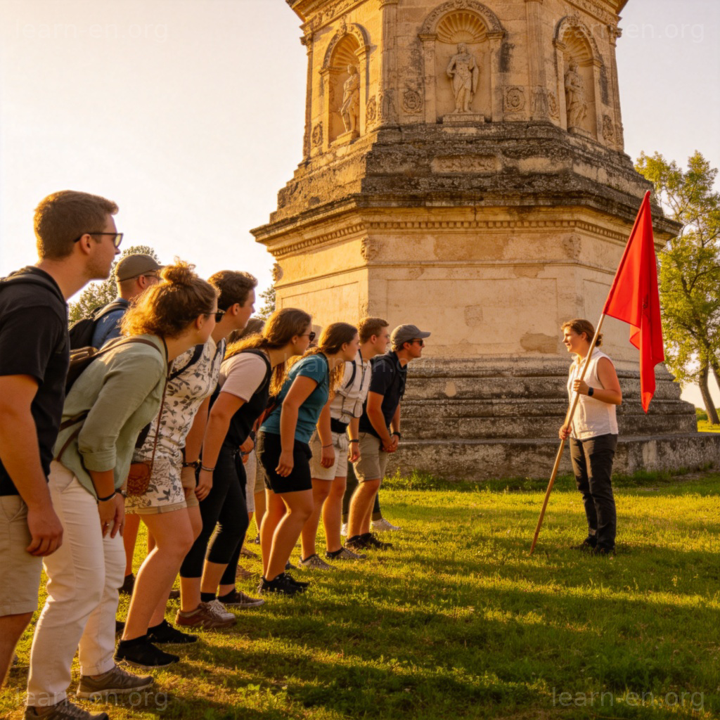 Groupe en visite guidée devant un monument historique