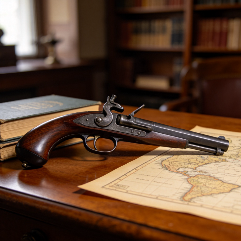 A single, unloaded historical-style pistol lying on a wooden table with a book and an old map. The gun is the clear focus, made of dark metal and polished wood. The background is a soft-focus study room with shelves. Realistic lighting, no text or logos.