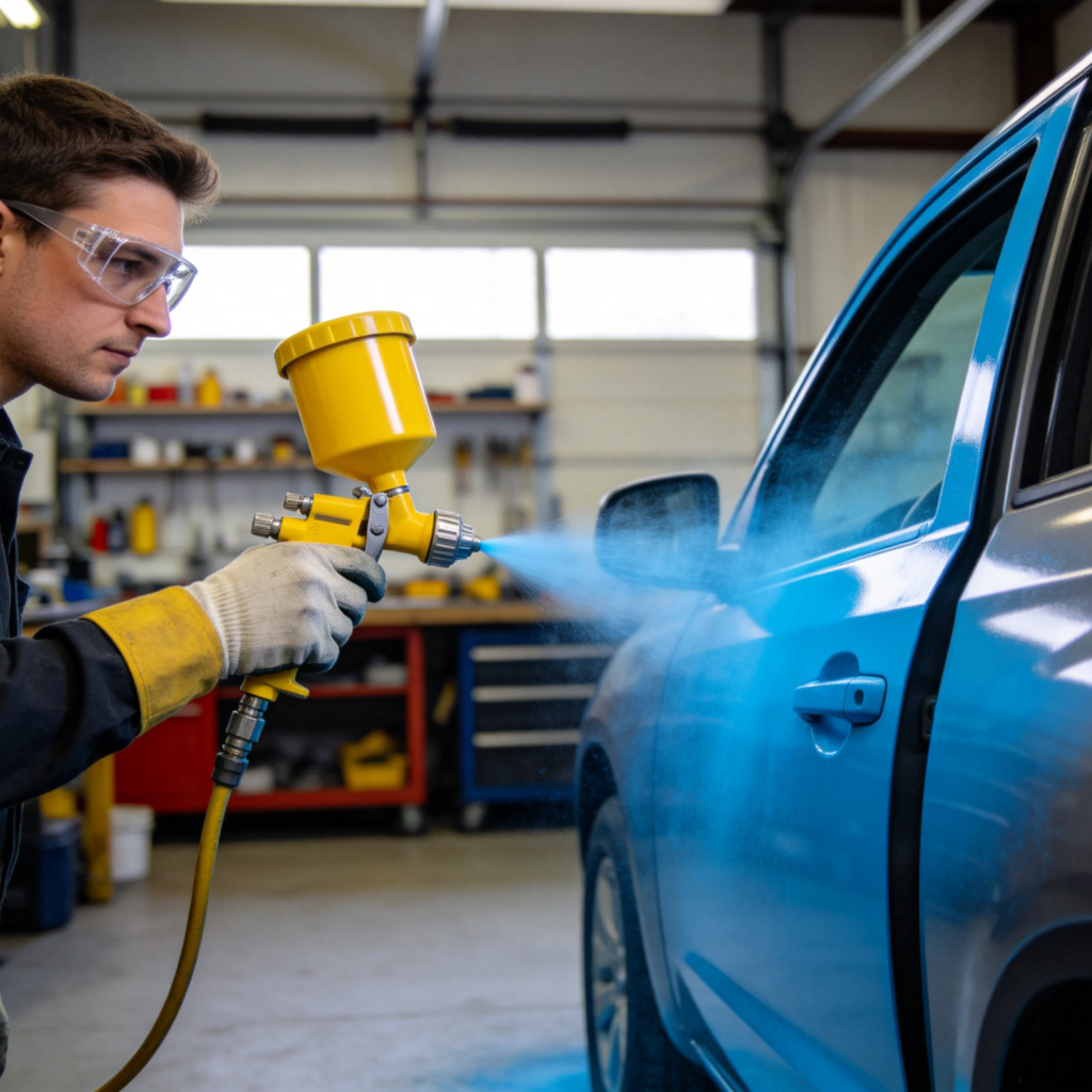 A person wearing safety glasses and work gloves is using a bright yellow spray gun to evenly paint a car door in a clean garage. The focus is on the spray gun in action, with a fine mist of blue paint visible. Realistic workshop setting, clear and sharp photography. No text.