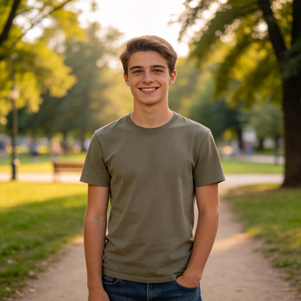 A smiling young man, looking directly at the camera, standing in a casual setting like a park or a street. He is wearing everyday clothes like a T-shirt and jeans. The focus is sharp on his friendly face and upper body, with a soft, blurred background. Photorealistic style, warm natural lighting.
