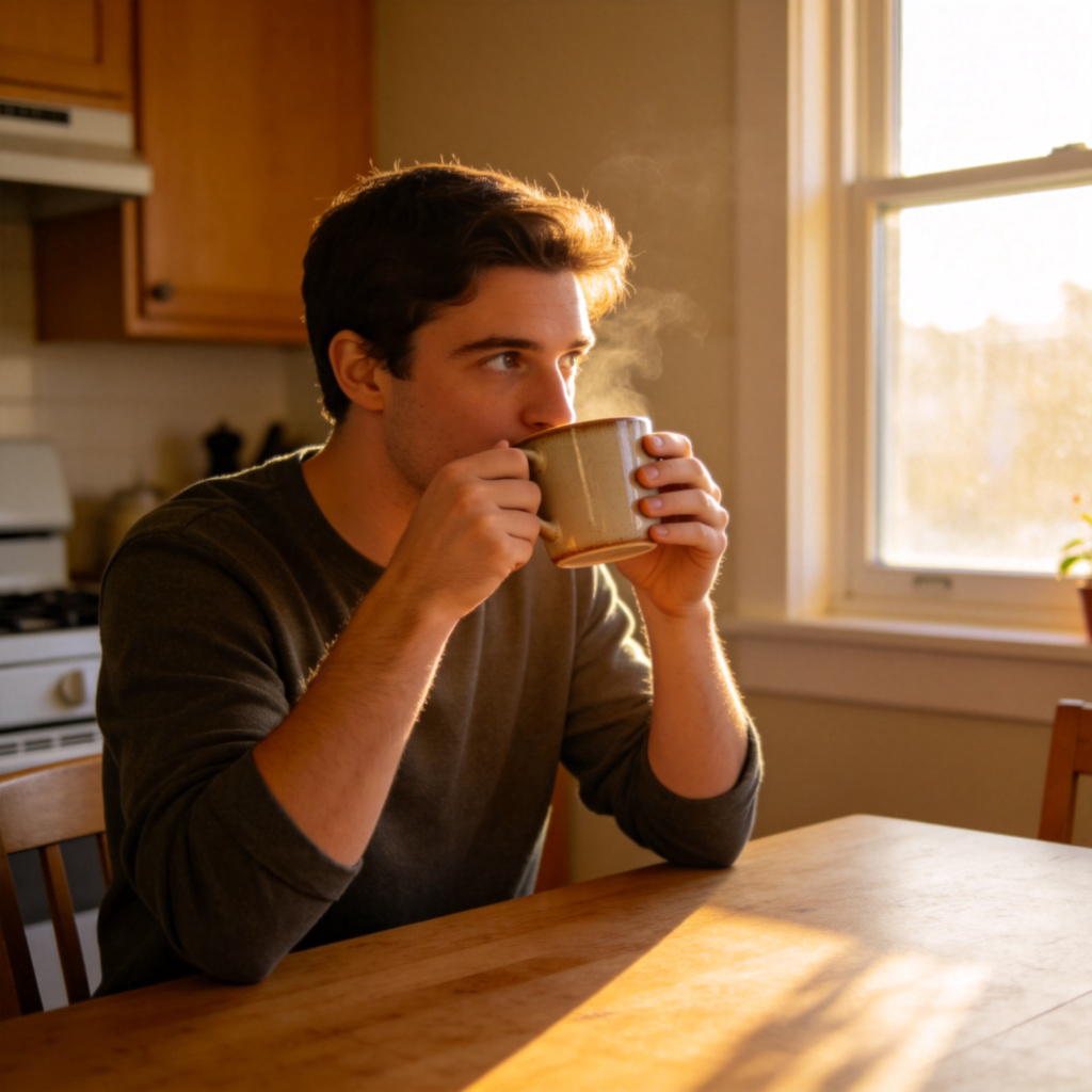 A person sitting at a kitchen table in the morning, holding a cup of coffee and looking out the window. The scene shows a daily routine, with soft natural light and a simple background. Focus on the repetitive action of drinking, emphasizing the habitual nature. Realistic photography style, no text or logos.