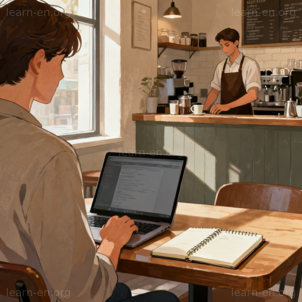 Habitual state shown by a person at their usual table in a familiar cafe.