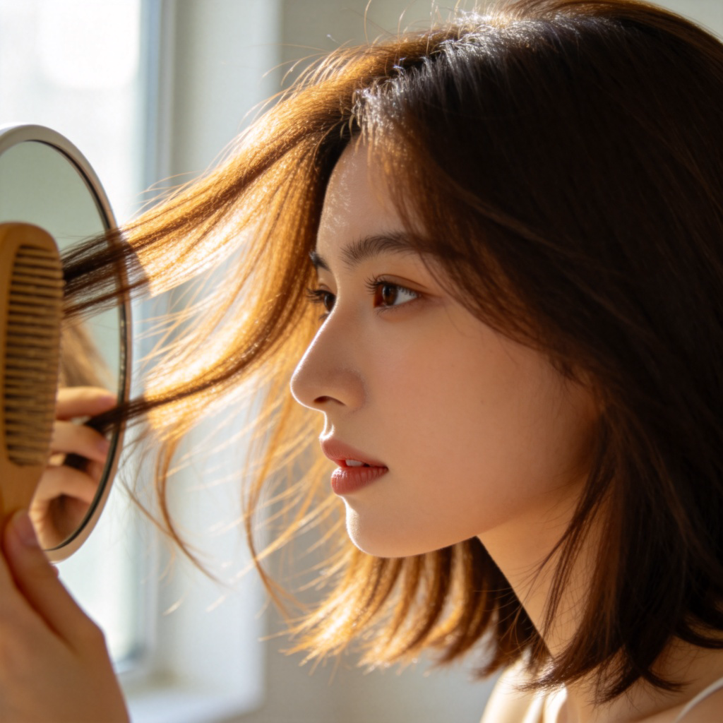 A close-up side view of a person with shoulder-length brown hair, looking into a mirror while gently brushing it. The focus is on the shiny, detailed strands of hair against a plain background. Natural daylight from a window, photorealistic style. No text or logos.