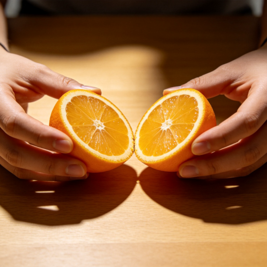 A close-up of a person's hands breaking a whole orange or a cookie neatly into two perfectly equal halves against a plain wooden table. The two halves are clearly visible and identical in size. Natural lighting, focus on the separation point.