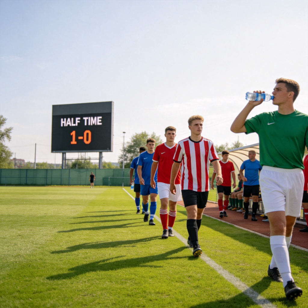 A wide shot of a soccer field during a break. Players in jerseys are walking towards the sidelines, some drinking water. The scoreboard in the background clearly shows "HALF TIME" and a score like 1-0. Daylight, natural grass field.
