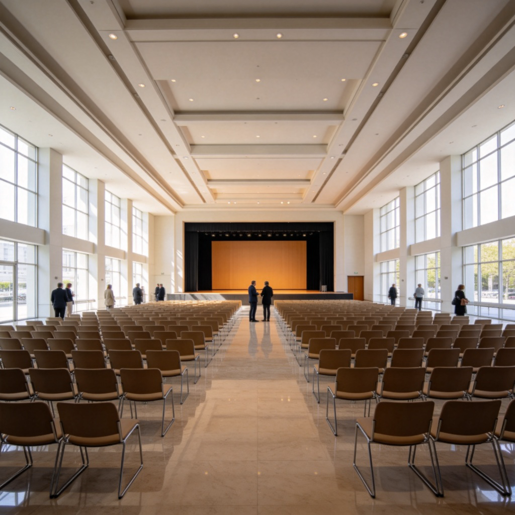 A wide, modern public hall with a high ceiling and polished floor. Rows of empty chairs are set up facing a stage at the far end. Large windows let in natural light, and a few people are seen standing and talking in the spacious area. The focus is on the large, open interior space.
