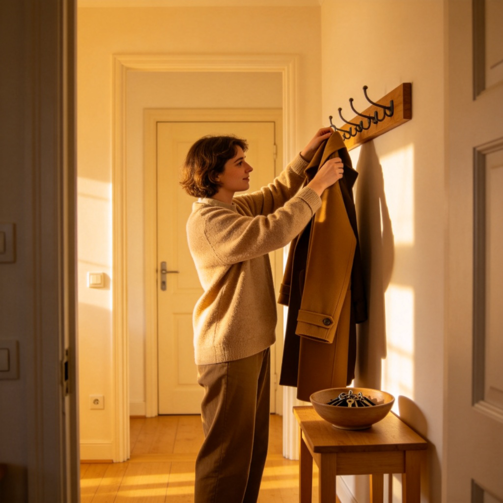 A cozy, well-lit home entrance hall. A person is hanging up their coat on a wooden coat rack. A small table with a bowl for keys is against the wall, and a closed interior door is visible in the background. The scene feels welcoming and is focused on the immediate area inside the front door.