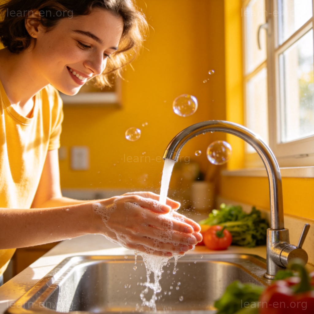 Hand Hygiene 手部卫生图解：阳光下厨房流水用肥皂洗手的人