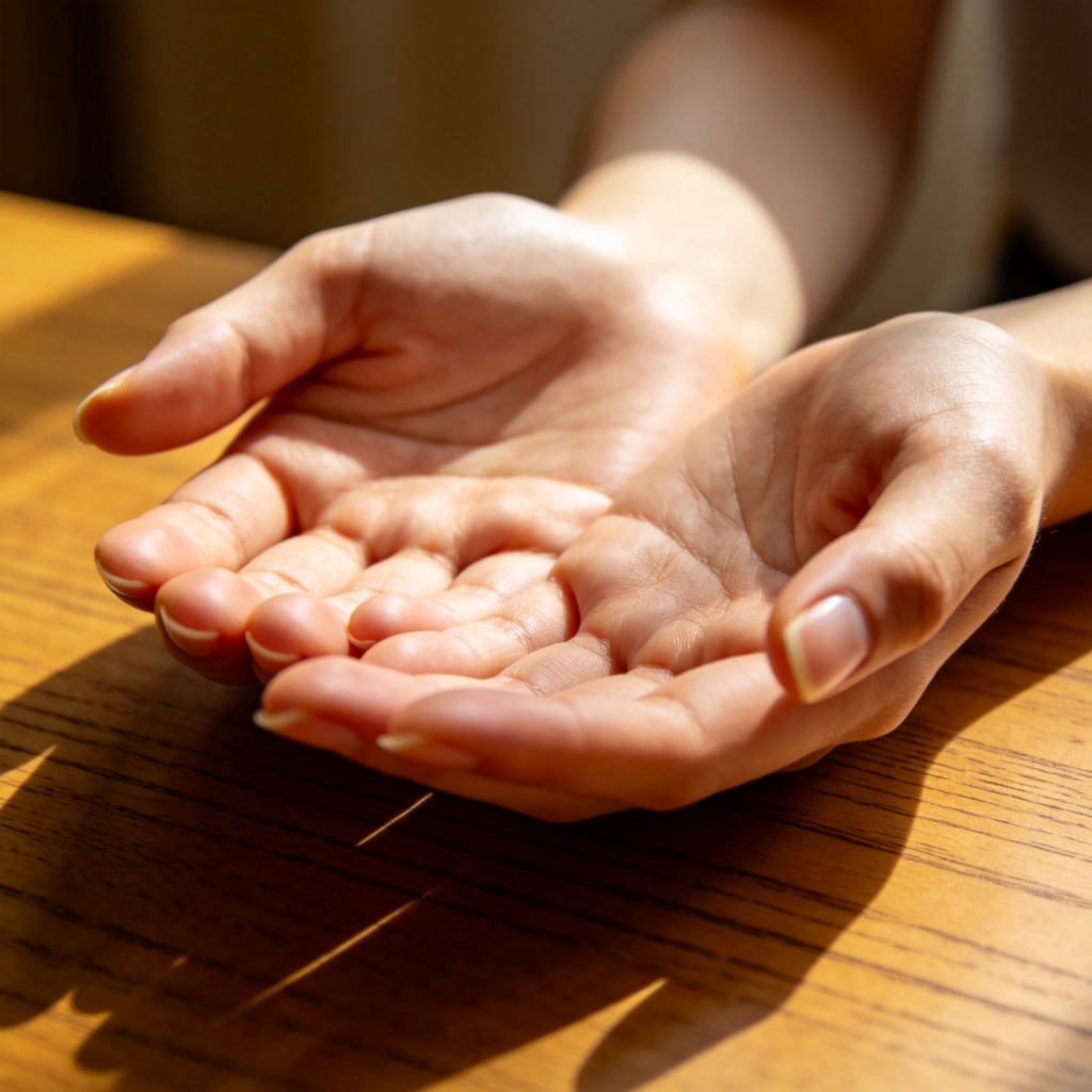 A close-up shot of a pair of open human hands, palms facing up, resting on a wooden table in warm, natural light. Focus on the details of the fingers, nails, and skin textures. No jewelry, tattoos, or text.
