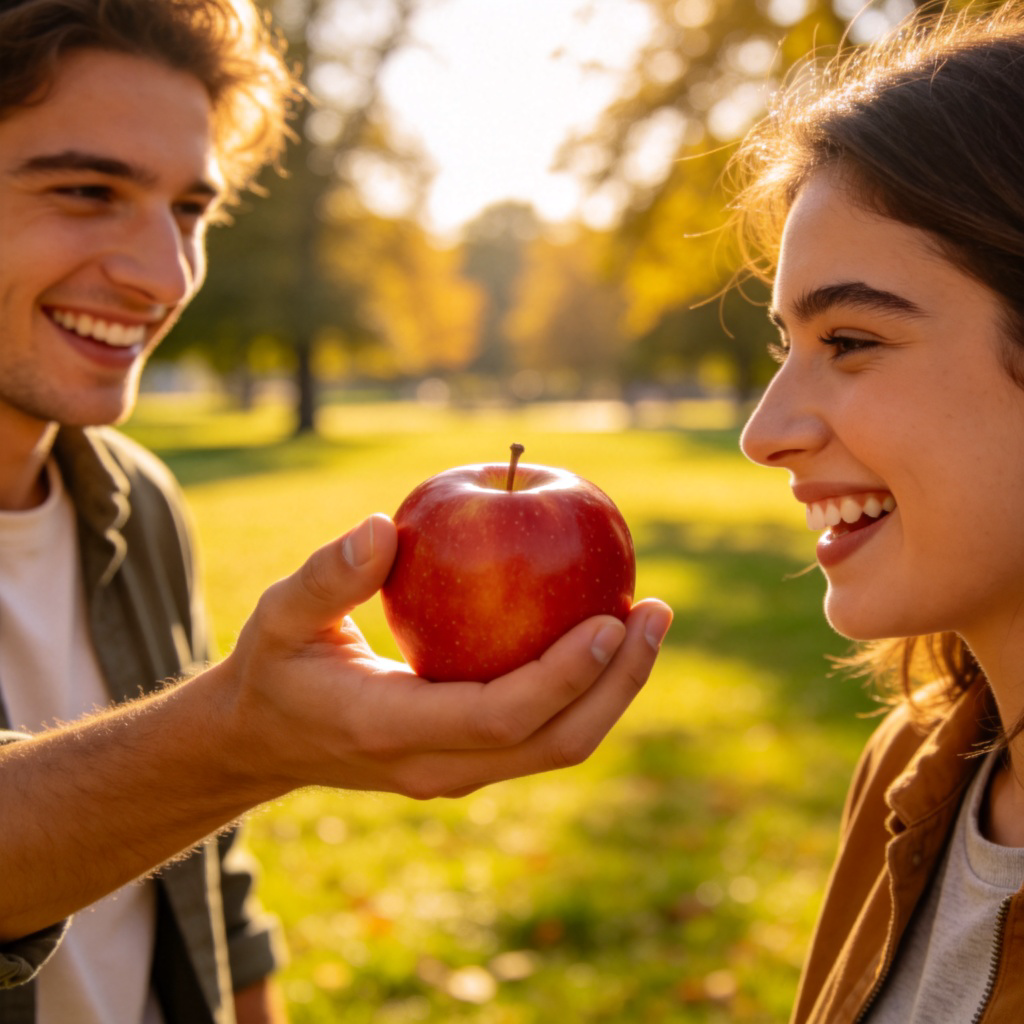 Two people standing in a sunny park. One person, smiling, is in the process of handing a bright red apple to the other person. The shot focuses on the moment of transfer between their hands. Casual clothing, happy expressions. No text.
