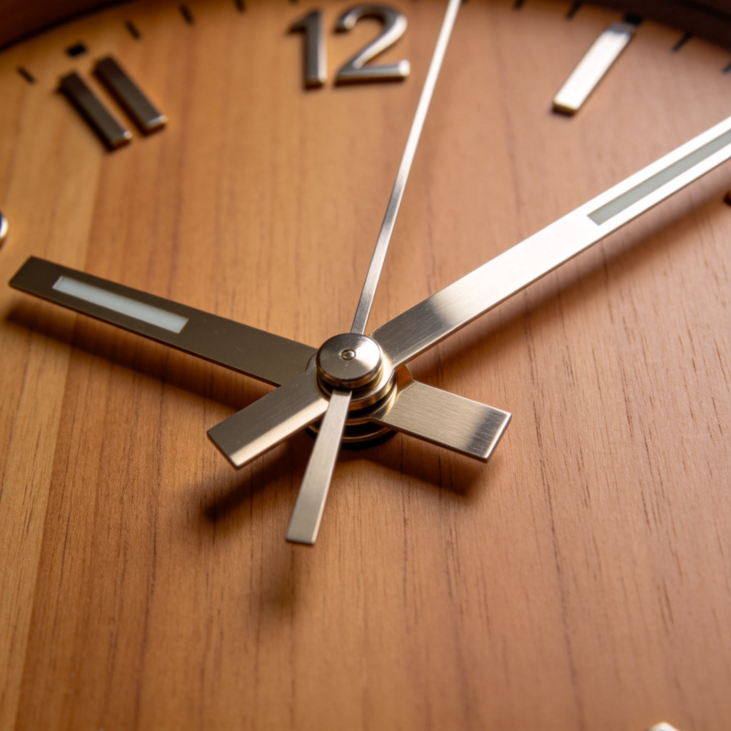 A close-up, top-down view of a classic analog clock face on a wooden wall. The focus is sharp on the hour and minute hands, which are made of shiny metal. The time is set to 10:10. Plain background. No digital numbers or text on the clock.