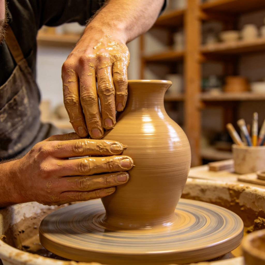 A close-up of a skilled potter's hands, covered in wet clay, expertly shaping a beautiful vase on a spinning pottery wheel. Focus on the detailed, confident movements of the fingers and palms. Workshop background, natural light. No text.