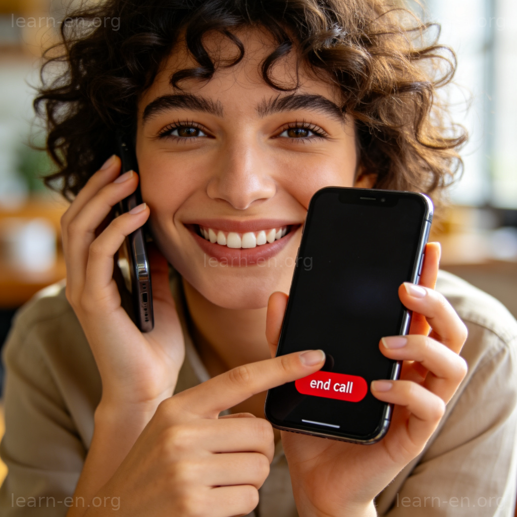 Hang Up the Phone 图解：人物微笑手持手机点击红色挂断键