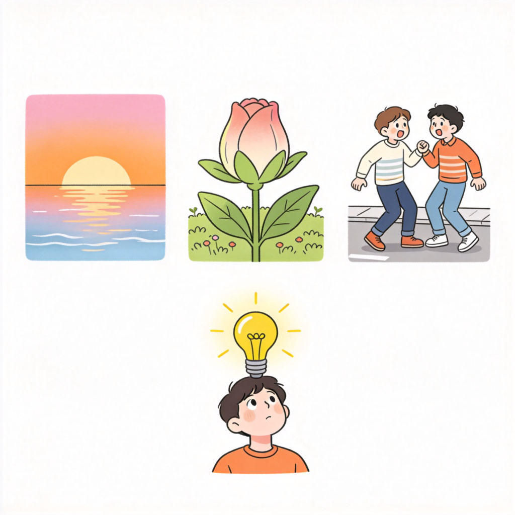 A montage of various events occurring in a clear sequence. Top left: a sunrise over a calm sea. Center: a flower bud beginning to open in a garden. Right: two friends bumping into each other on a street, looking surprised and happy. Bottom: a light bulb turning on above a person's head. Simple white background, each event separated by clean lines, all showing the concept of 'beginning' or 'occurring'. No text or logos.