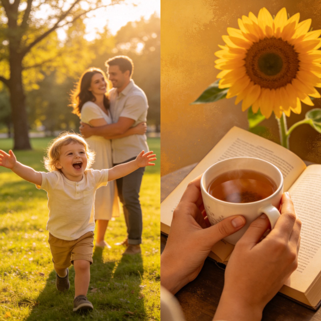 A collage-style image symbolizing happiness. On the left, a young child is laughing with arms wide open, being hugged by smiling parents in a sunlit park. On the right, close-up of hands holding a cup of warm tea and a book, with a blooming sunflower in the background. Warm, golden-hour lighting throughout. The overall feeling is peaceful, warm, and joyful. No text.