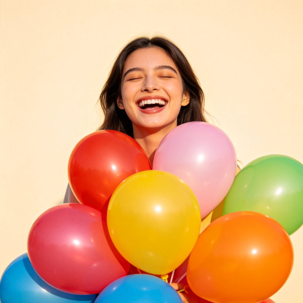 A young woman with a big, genuine smile on her face, laughing with her eyes closed. She is holding a colorful bouquet of balloons. Bright, natural daylight, simple background, focus on her joyful expression. No text.