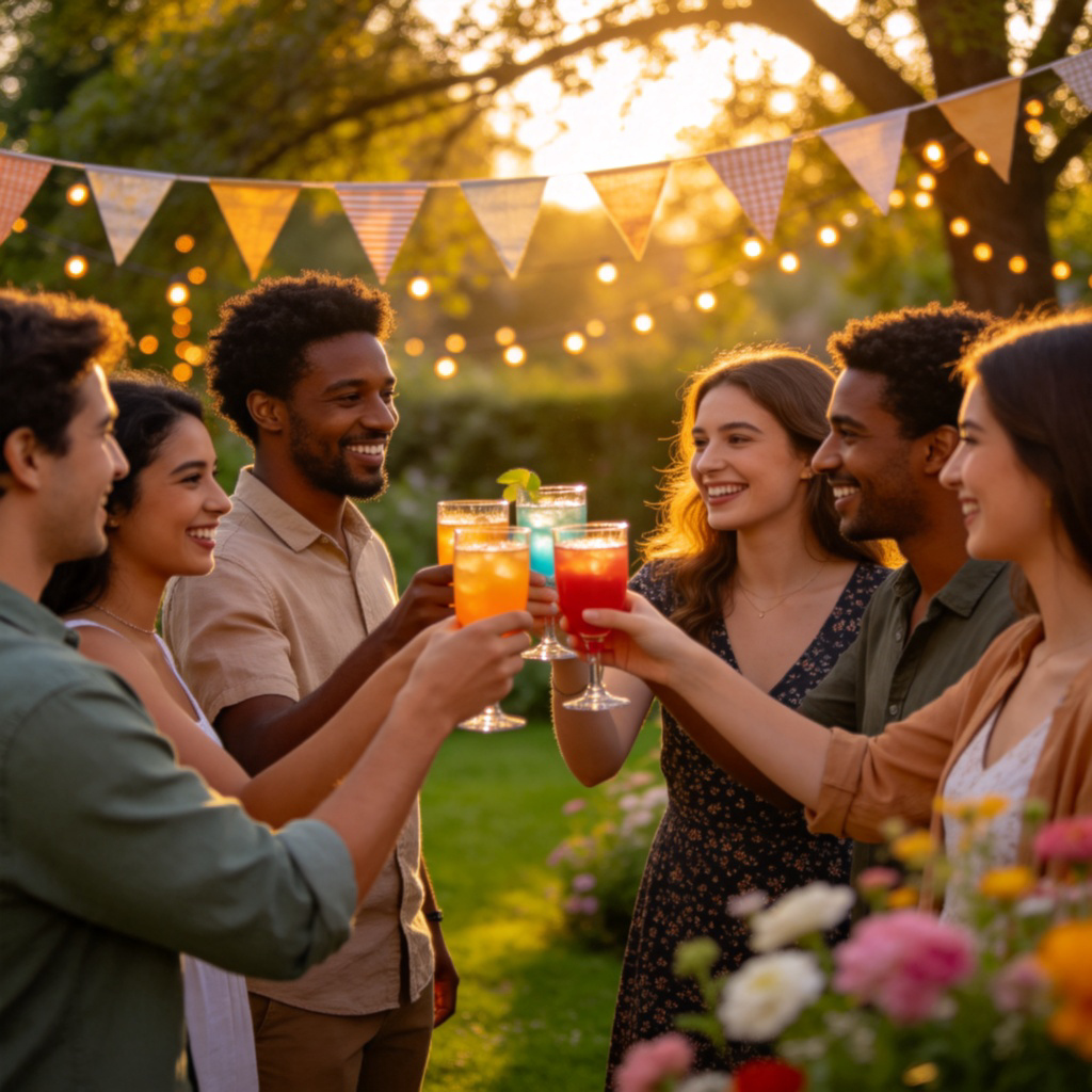 A group of diverse friends at a garden party, toasting with colorful drinks, all smiling and talking. Bunting flags and fairy lights in the background, golden hour lighting. Focus on the group's interaction and festive atmosphere. No text.