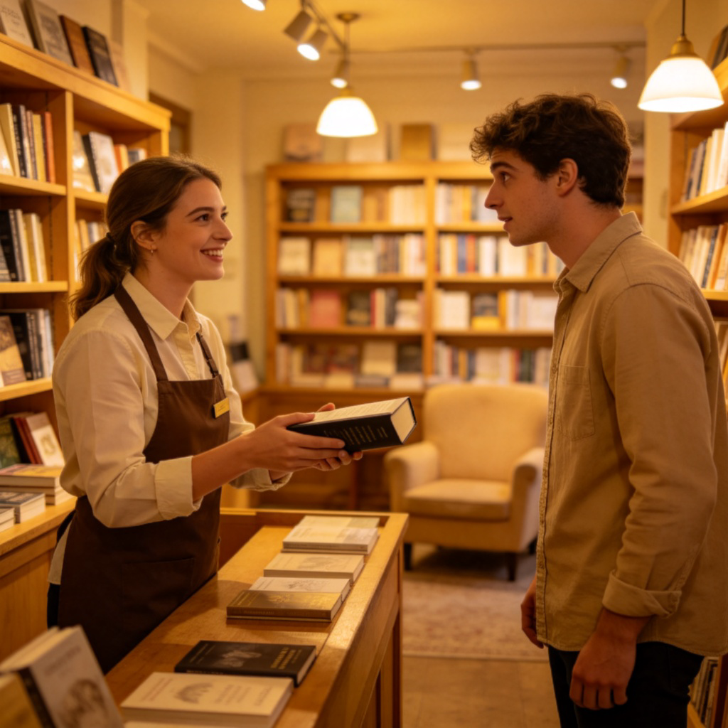 A friendly shop assistant in a bookstore, smiling and offering a book to a customer. The customer looks curious. Warm, well-lit bookstore interior, focus on the helpful gesture and the assistant's willing expression. No text.