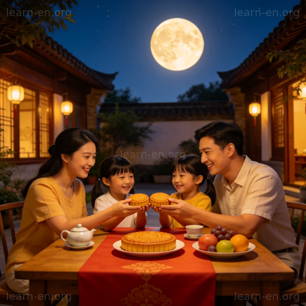 Happy Mid-Autumn Festival图解：满月下家庭团聚分享月饼的温馨场景