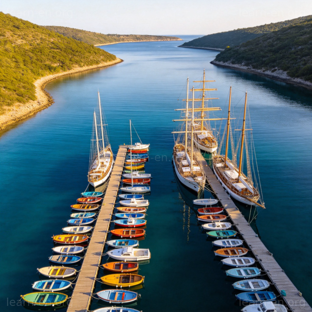 harbor 港口含义图解：宁静港湾停泊着船只