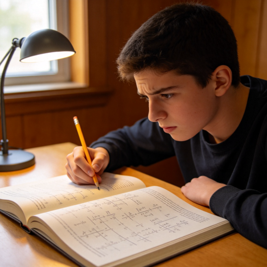 A focused student sitting at a desk, looking puzzled at a textbook open to a page full of complex mathematical equations or foreign language characters. She is holding a pencil, with a thoughtful but slightly frustrated expression. The desk has only a lamp and the book, on a simple wooden background. Natural daylight from a window. No text in the image.