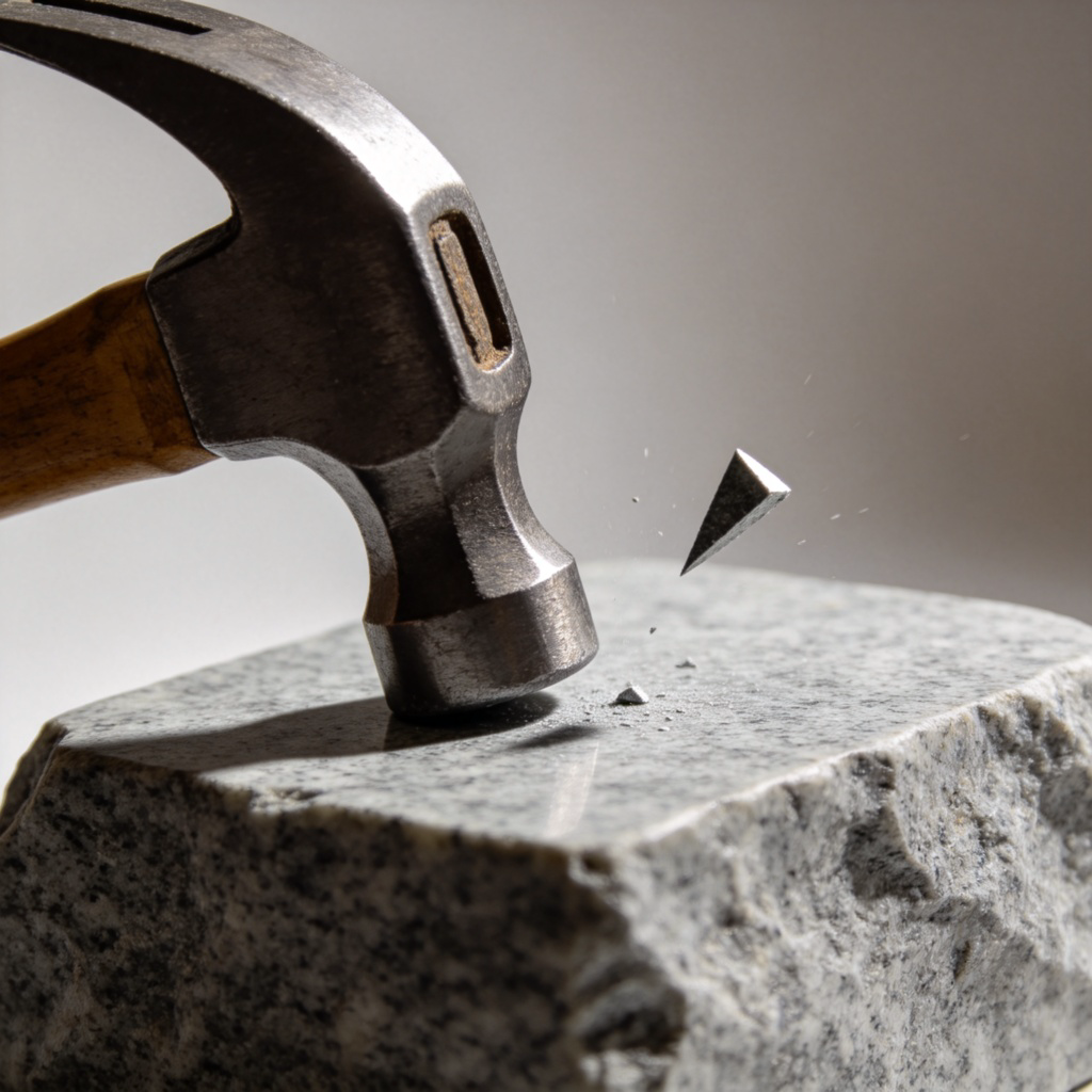 A close-up side view of a metal hammer head striking the surface of a gray granite stone. A small, sharp chip is flying off the stone at the point of impact. The image should show the solid, unyielding nature of both objects. Sharp focus, dramatic lighting to highlight texture. Plain, neutral background. No text.