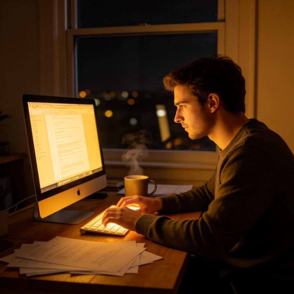 A person is working late at a desk in a cozy home office. The computer screen glows, illuminating their focused face and hands on the keyboard. Papers and a coffee mug are on the desk. It's dark outside the window, with only a faint city light visible. The image conveys concentration and sustained effort. No text.