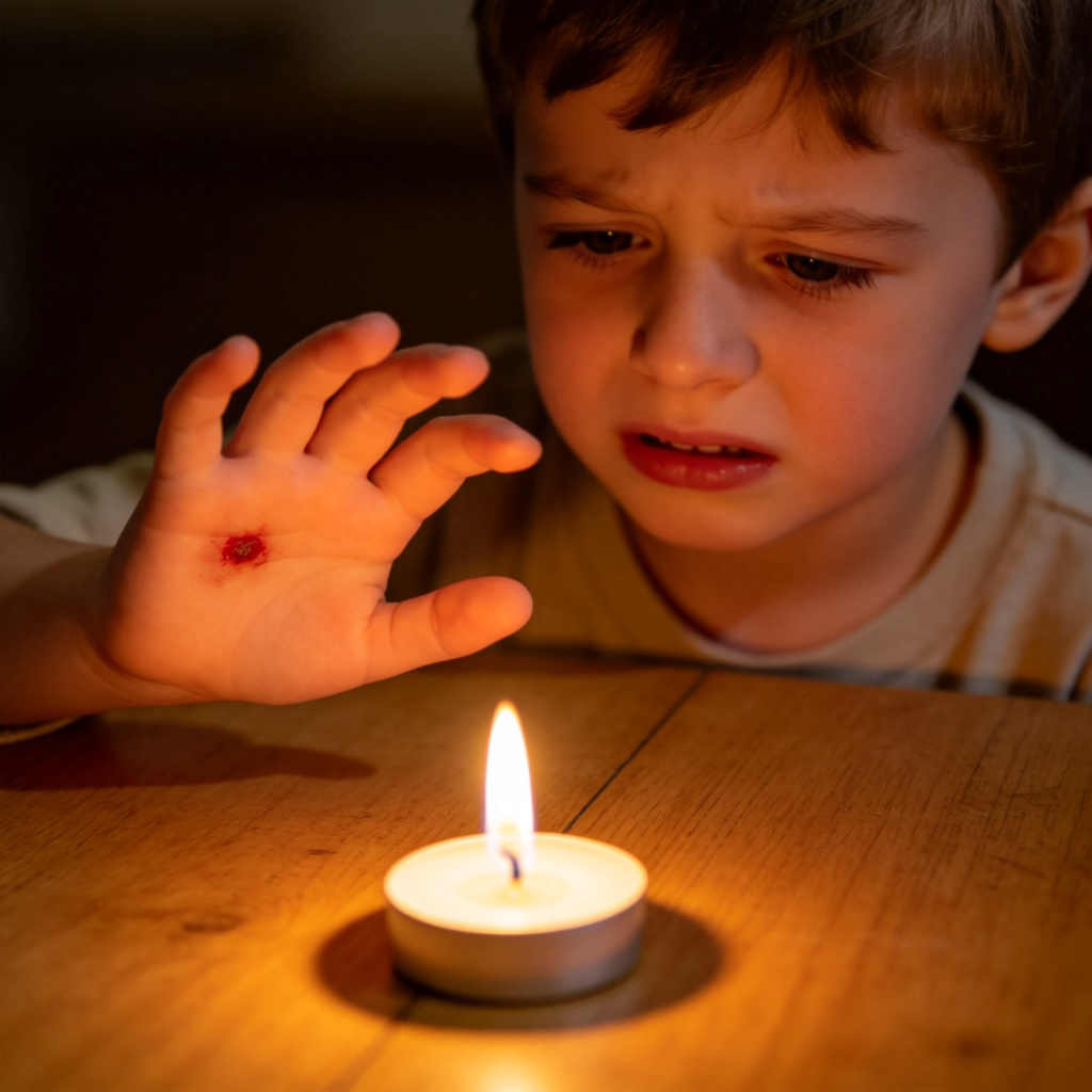 A close-up of a child's hand with a small, red burn mark, pulling away from the flame of a candle on a table. The child's expression is pained. Soft focus on the injury, warm lighting, plain wooden table background. No text.