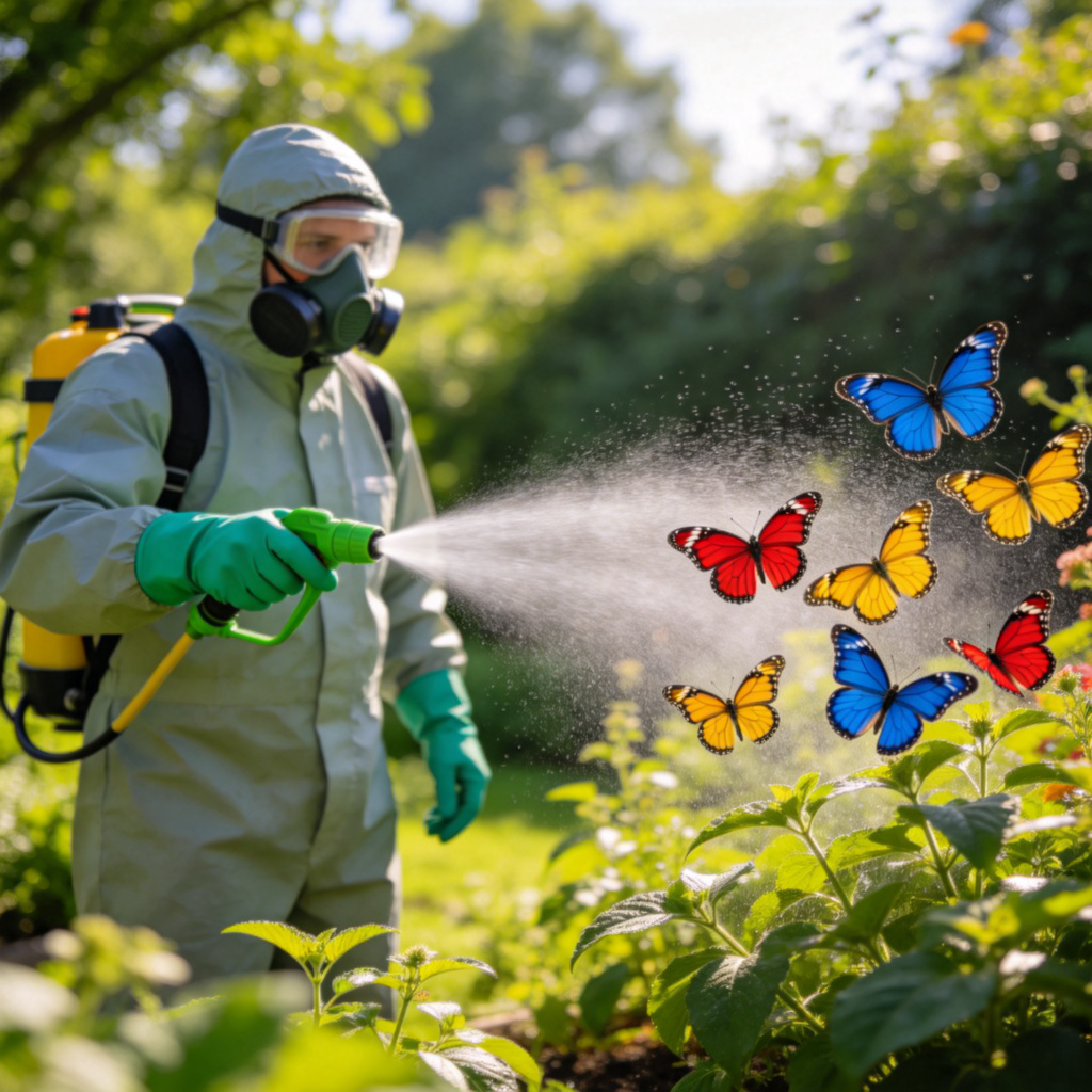 A person in protective gear spraying green pesticide on plants in a garden, but some spray is drifting towards a cluster of colorful butterflies, suggesting unintended negative effects. Sunny day, green garden background. No text.