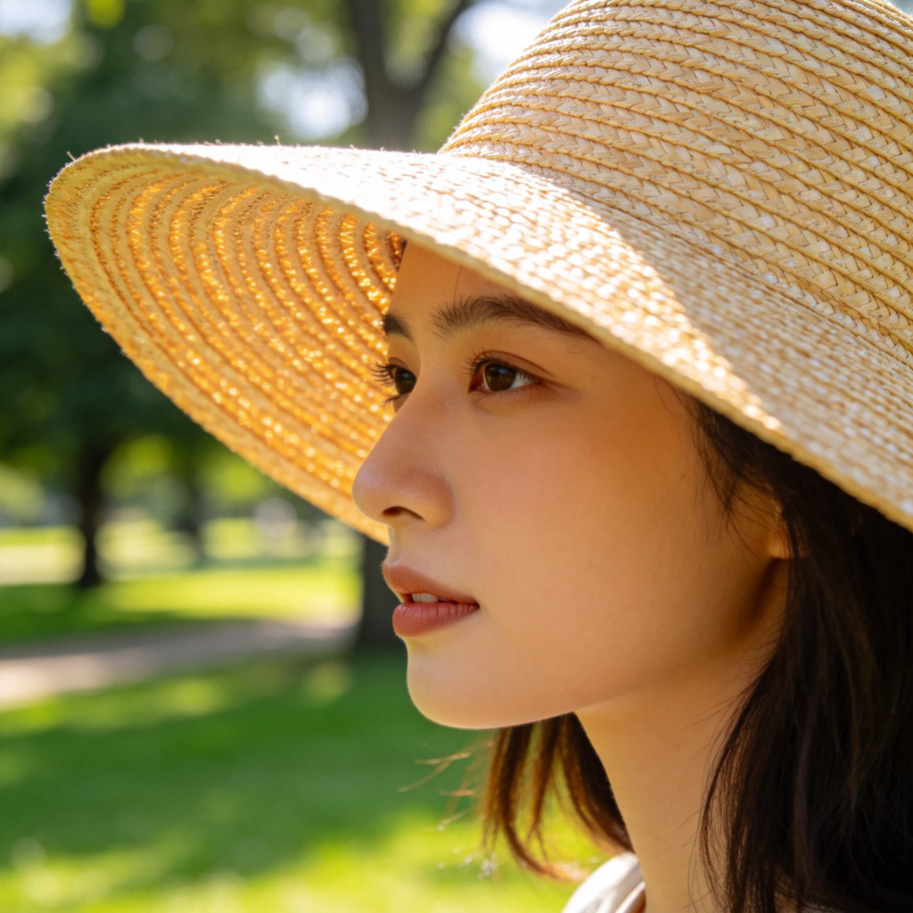 A person wearing a classic straw sun hat with a wide brim, standing in a sunny park. The hat is the clear focus, shading the person's face. The background is a soft blur of green grass and trees. Photorealistic style, bright natural daylight, no text.
