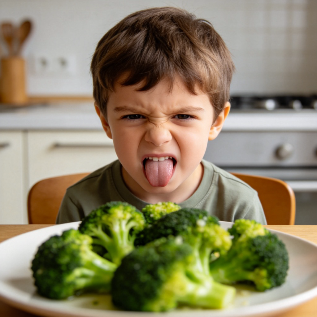 A young child sitting at a dining table, making a strong disgusted face with a deep frown and tongue out, looking directly at a plate of steamed broccoli. The broccoli is in sharp focus in the foreground. Plain kitchen background, natural lighting. No text or logos.
