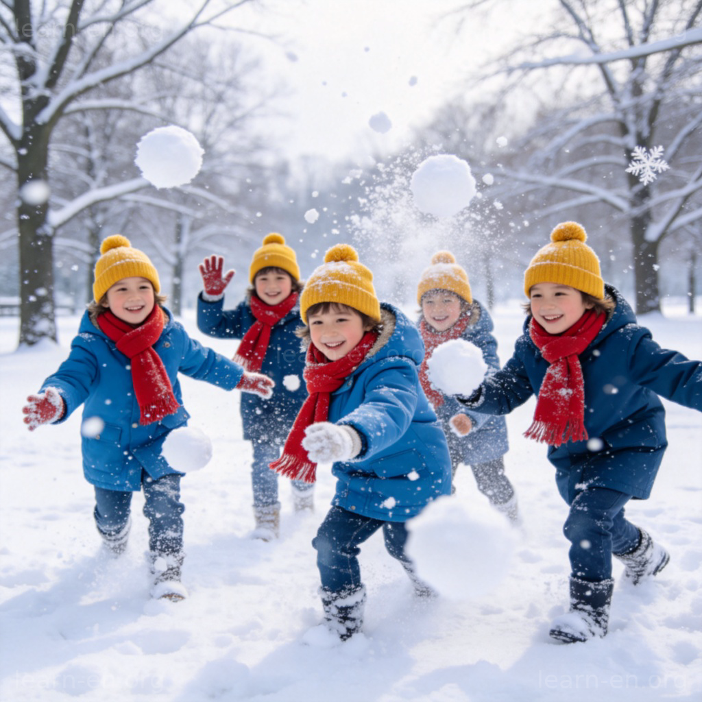 have a snowball fight 图解：孩子们在雪地公园快乐打雪仗的场景