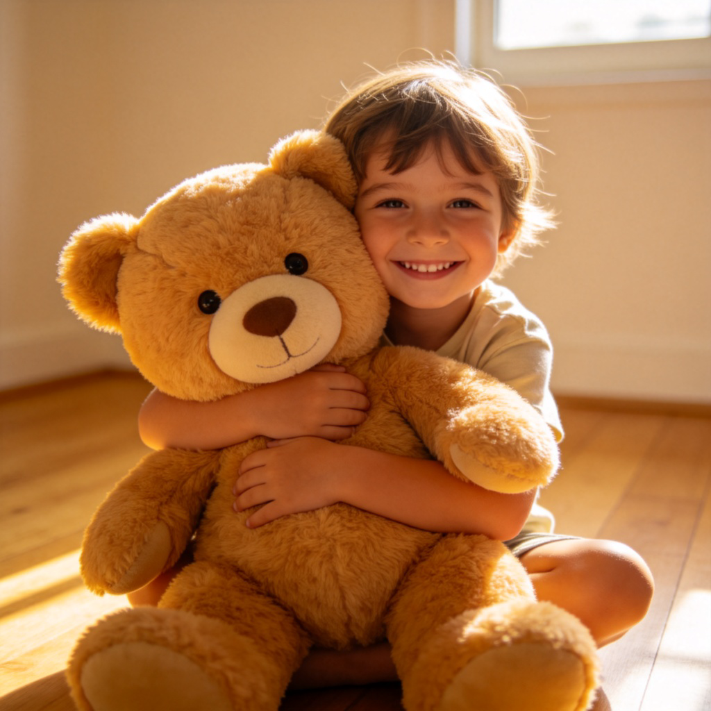 A happy child, smiling, holding a large, soft teddy bear in their arms. The child is sitting on a simple wooden floor in a brightly lit room. The teddy bear is the clear focus, and the child looks proud to have it. Photorealistic style, warm lighting.