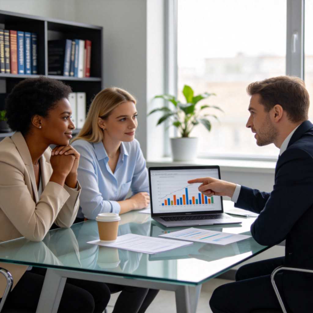 A group of three diverse adults sitting around a modern office table, engaged in a discussion. One person is speaking while pointing to a chart on a laptop screen. The others are listening and nodding. Natural light from a window, realistic office environment.