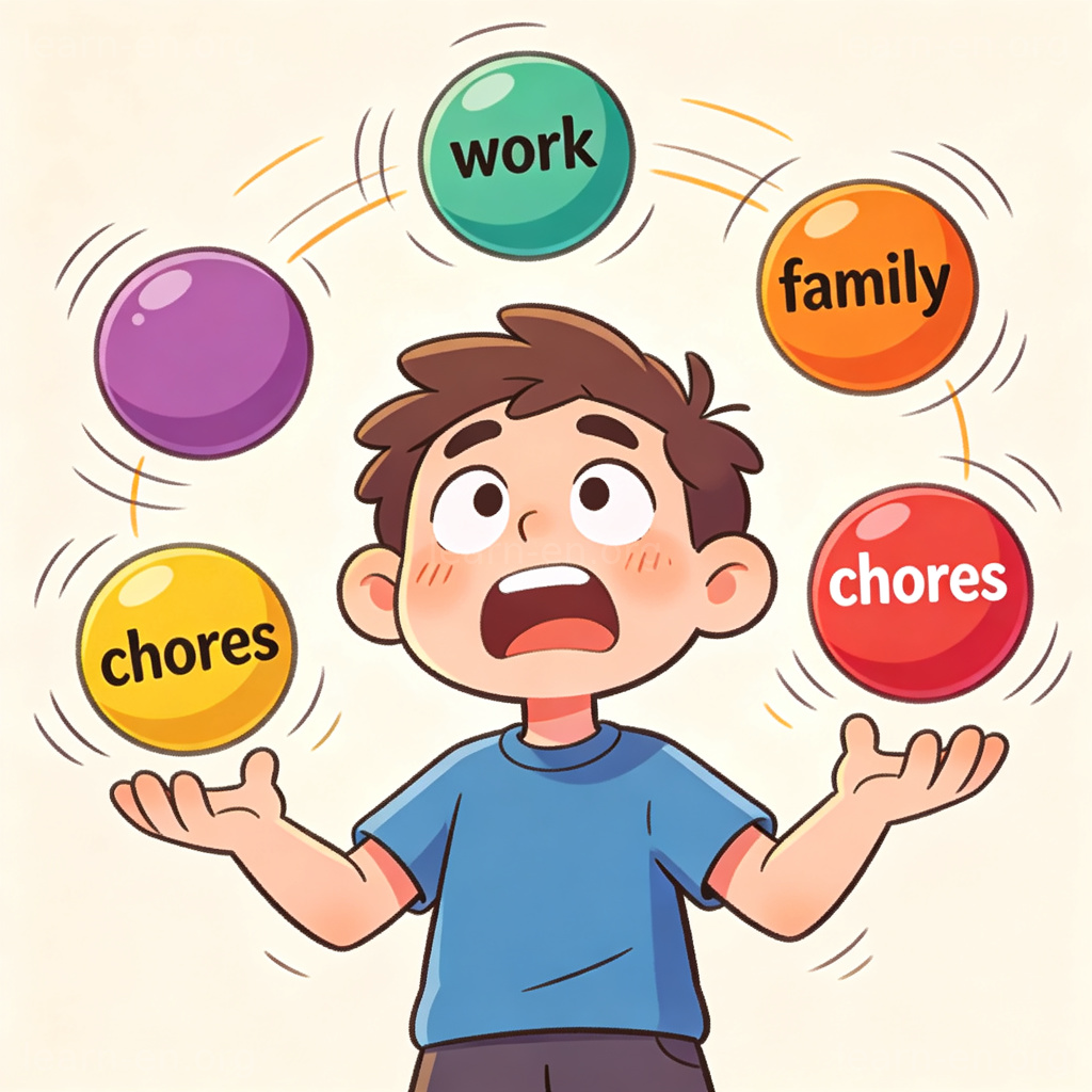 have my hands full 习语图解：卡通人物手忙脚乱处理多项任务