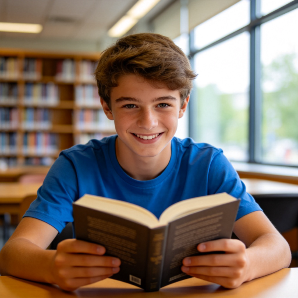 A teenage boy wearing a blue T-shirt, smiling and reading a book in a bright, modern library. He is the clear focus of the image, sitting at a table. The background is softly blurred with bookshelves. Natural lighting from a large window. No text or logos.