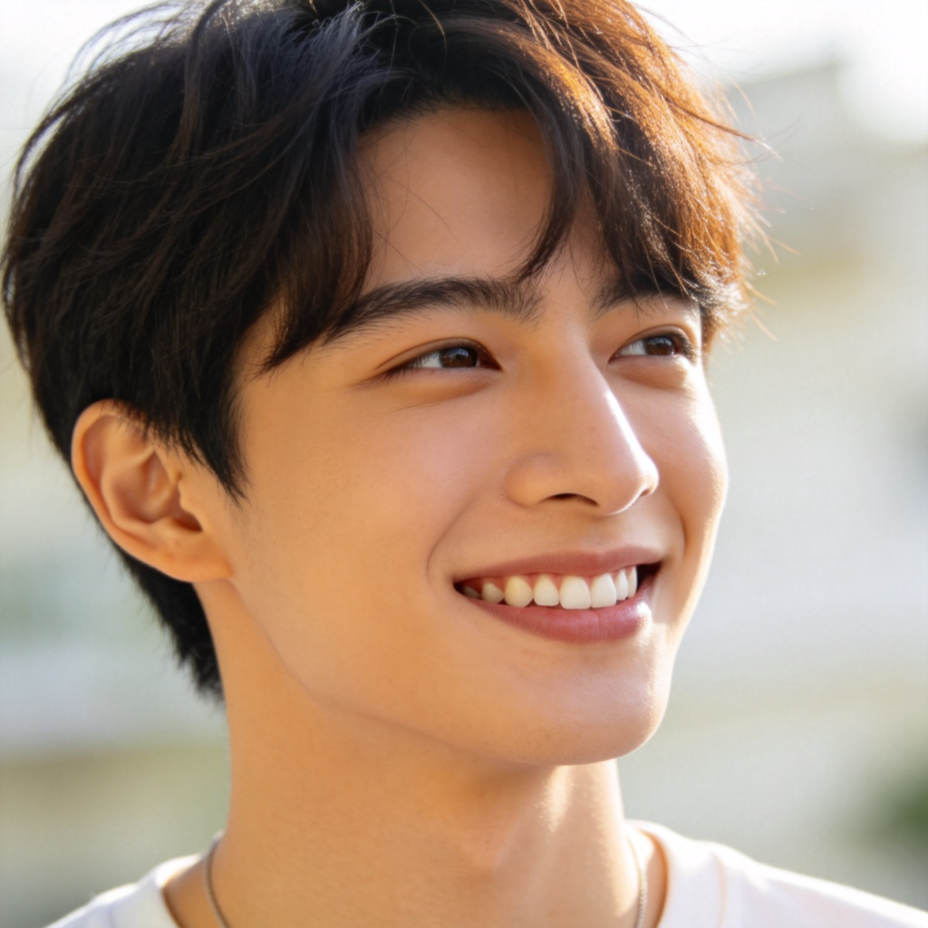 A cheerful young adult, facing slightly to the side, smiling gently. Sharp focus on their head and shoulders against a plain, softly blurred background. Natural daylight, highlighting the hair and facial features clearly. No text, jewelry, or distracting elements in the frame.