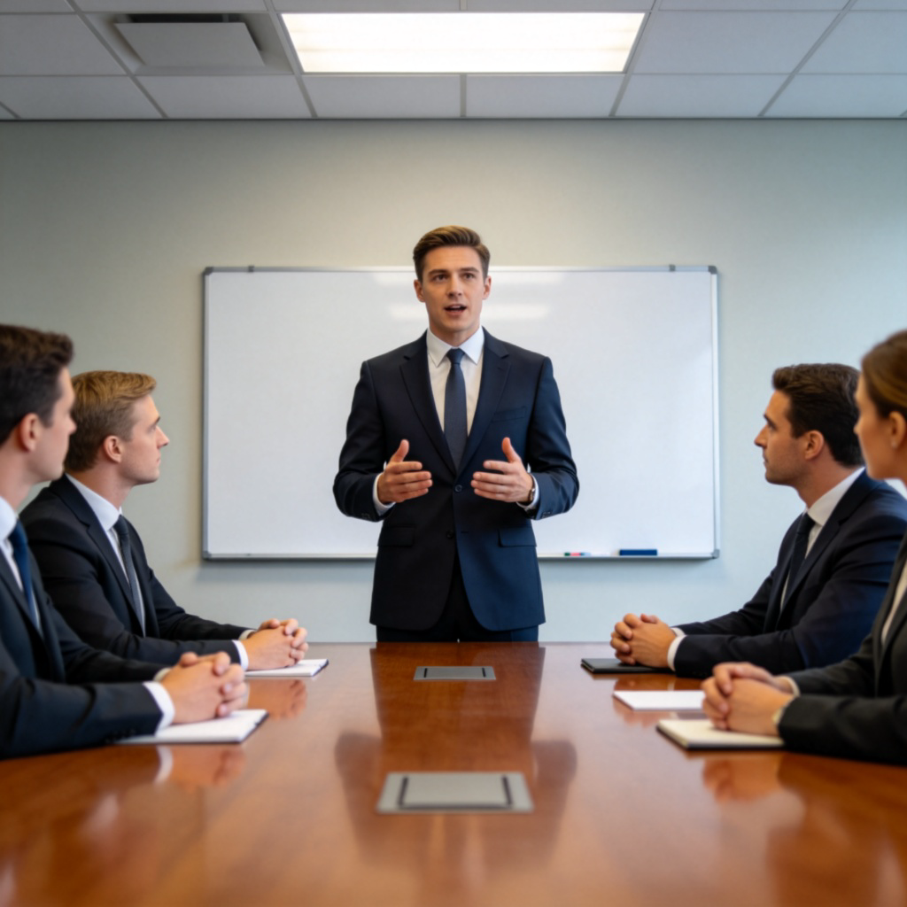 A confident person in smart business attire standing at the head of a conference table, speaking while others listen attentively. Modern office setting with a whiteboard in the background. The person is clearly the focal point and leader of the meeting. Clean, professional, and well-lit. No text on the whiteboard or anywhere else.