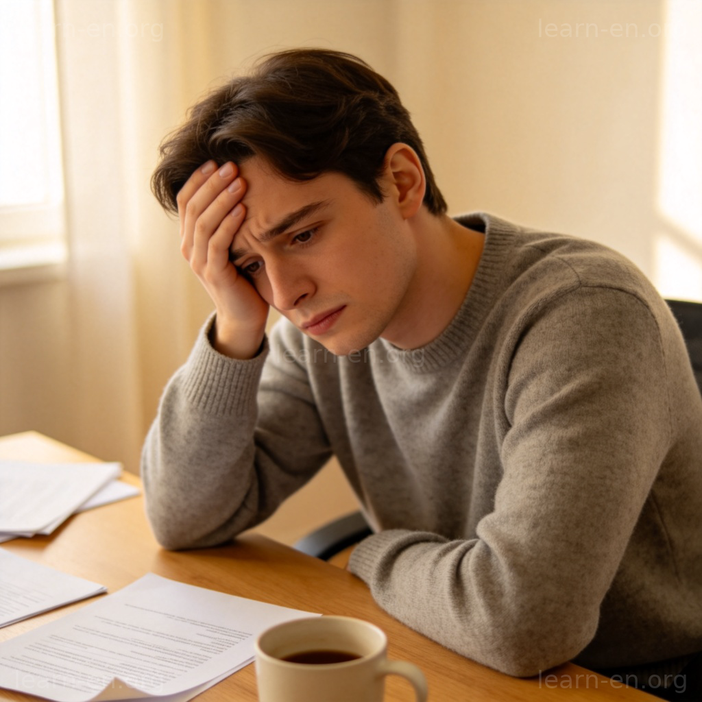 headache 头痛图解：人物手扶前额，面露不适的工作场景