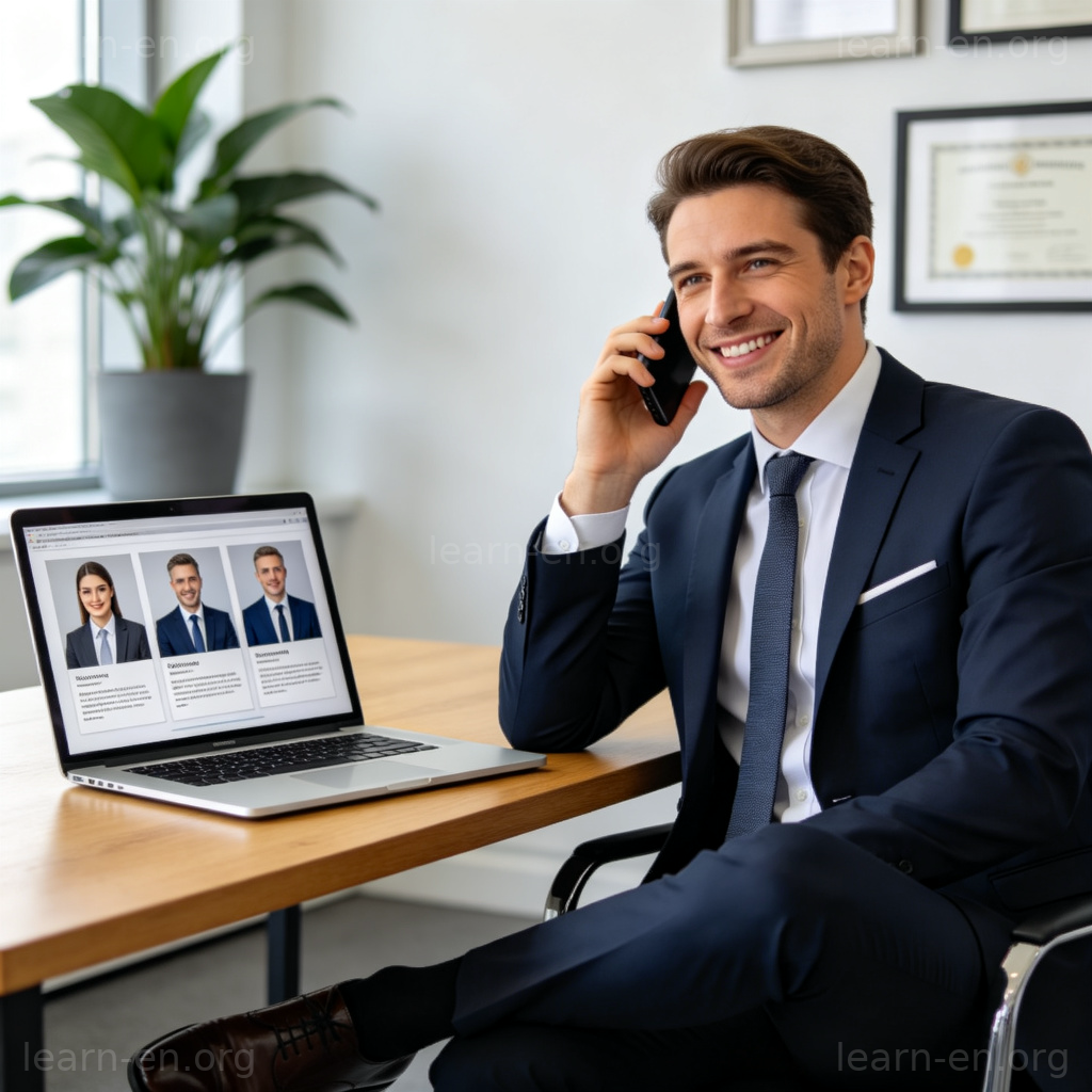 Headhunter 职业图解：专业人士通过电话和电脑寻找高端人才