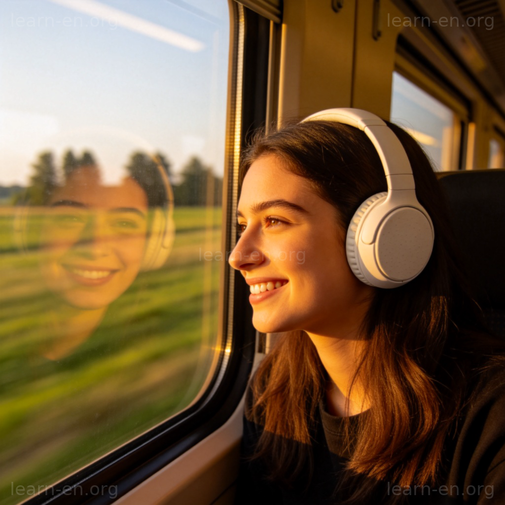 Person wearing white headphones on train looking out window