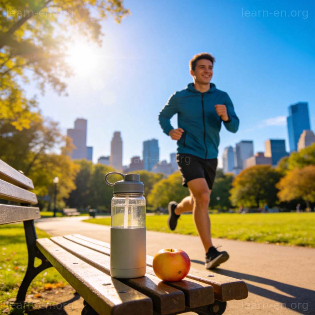 Health concept: person jogging in park with water bottle and fruit