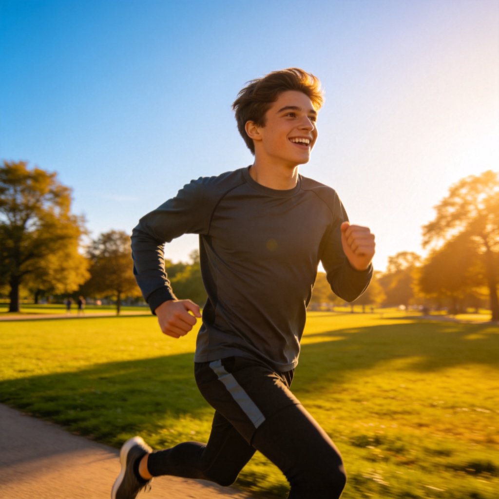 A young, smiling person jogging happily in a sunlit park, wearing sportswear, with a clear blue sky in the background. The focus is on their dynamic movement and energetic expression. Realistic photo style.