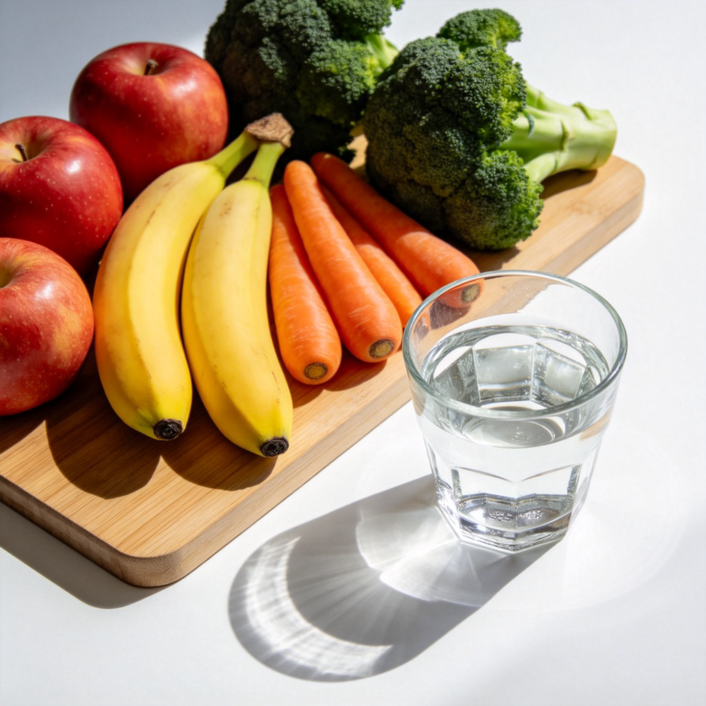 A tabletop scene with a variety of fresh, colorful fruits and vegetables like apples, bananas, carrots, and broccoli, arranged neatly on a wooden cutting board next to a glass of water. Natural lighting, bright and clean aesthetic. No text.